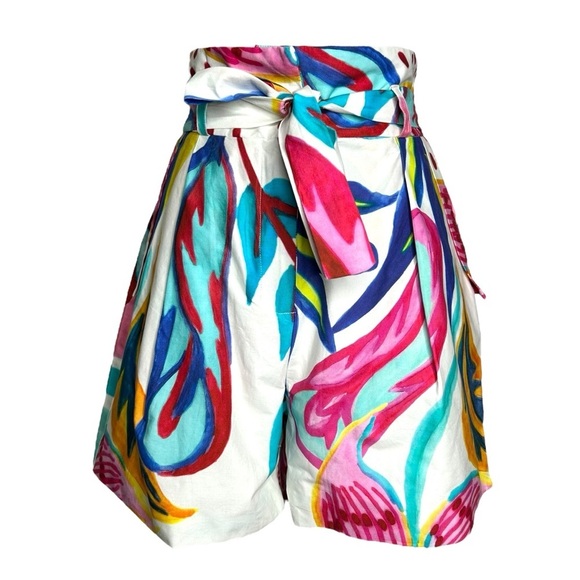 PatBo Floral High Waist Short White Blue Pink Watercolor Boho Cotton - Picture 3 of 9